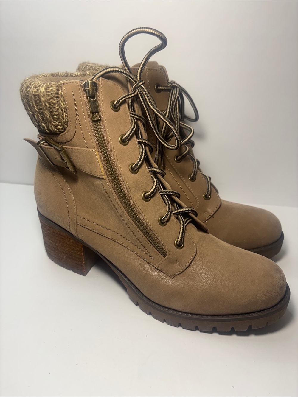 MIA Tan Brown Knit-Trim Ankle Boots
